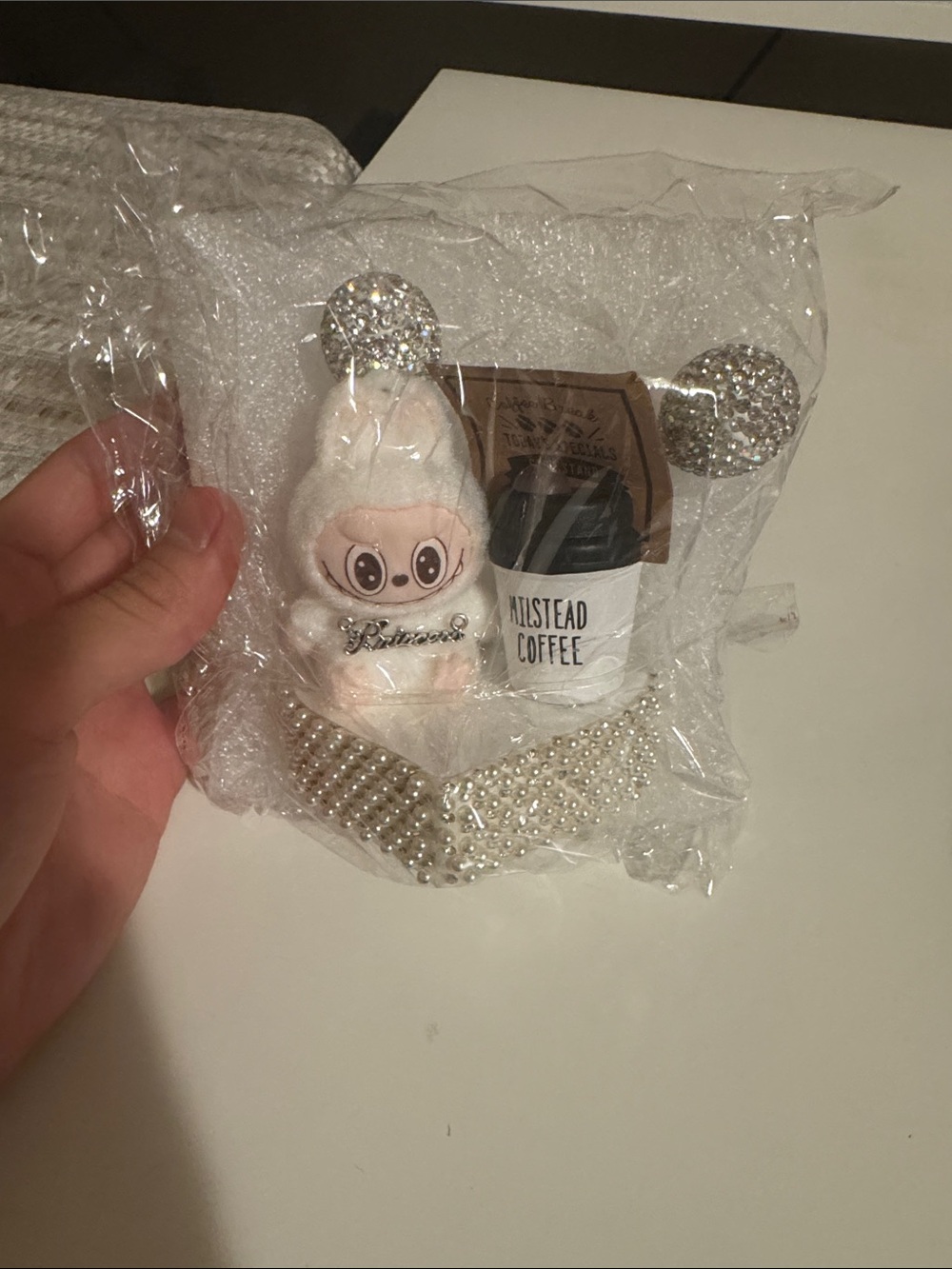Kawaii Plush Charm with Pearl Beaded Strap - Pink & White